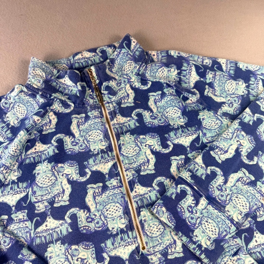 Lilly Pulitzer Quarter Zip Pullover Womens Elephant Print Blue XL